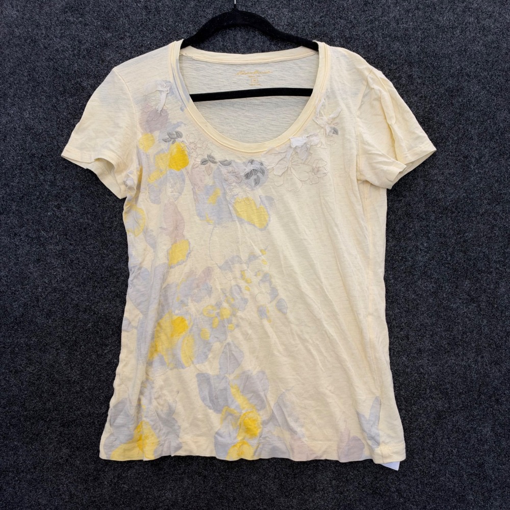 Eddie Bauer Women Yellow Floral Embroidered Applique Slub Cotton T-Shirt Medium